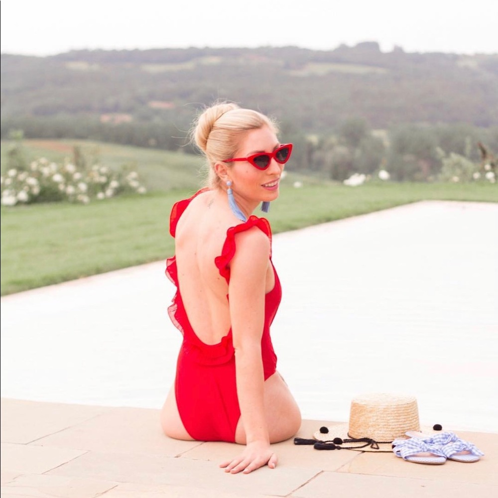 Red ASOS ruffle swimsuit